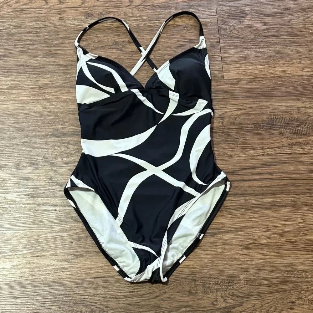 Anne Klein One Piece Abstract Bathing Suit Swimwear Size 10 Black White